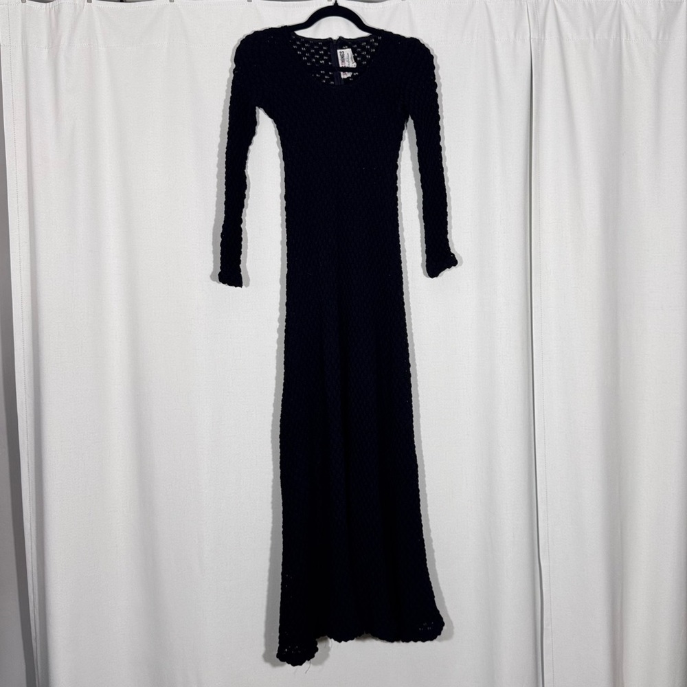 1970s Jan’s Things Black Crochet Knit Long Sleeve Dress